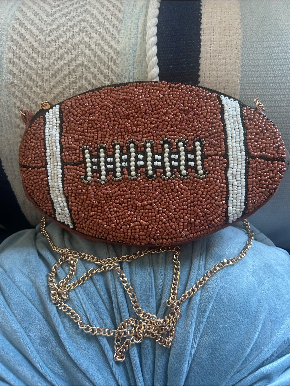Beaded Football-Shaped Crossbody Bag - Brown